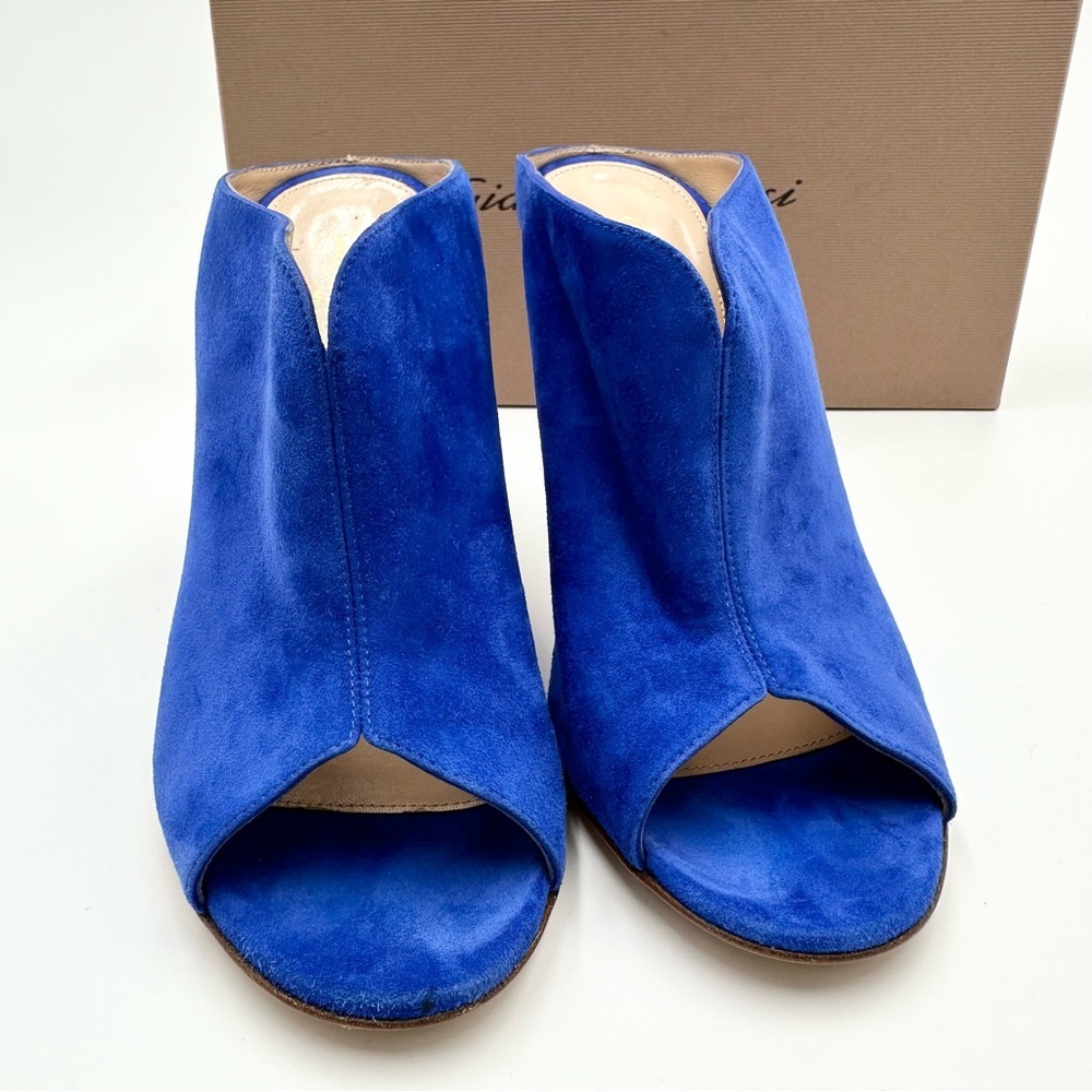 Gianvito Rossi Blue Suede Peep Toe Mules - Picture 6 of 13